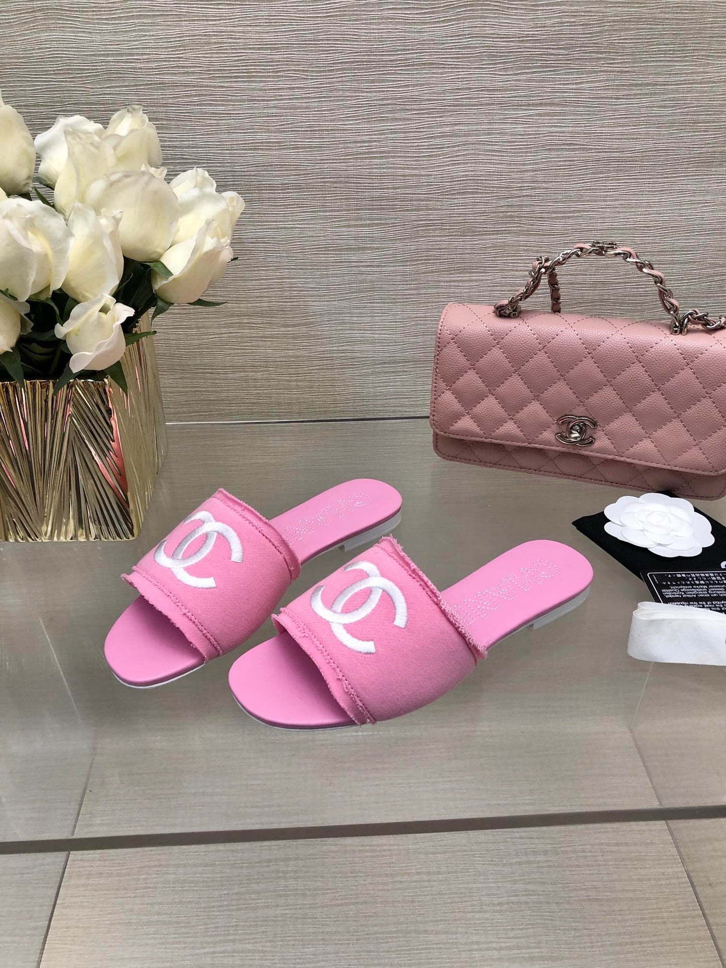 CHANEL 25C Slippers Pink Fabric Material 212967