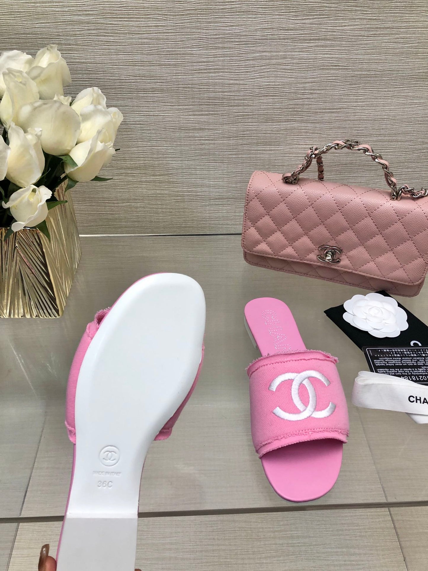 CHANEL 25C Slippers Pink Fabric Material 212967