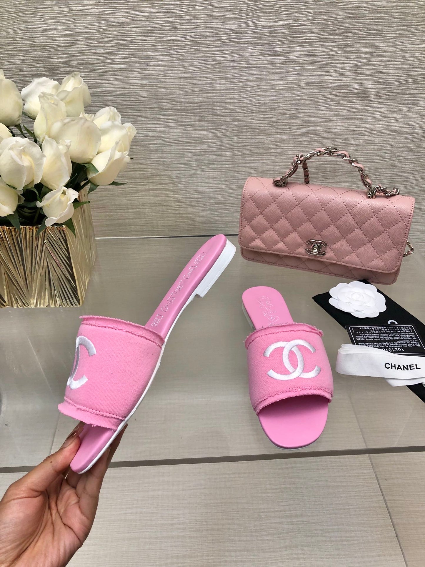 CHANEL 25C Slippers Pink Fabric Material 212967