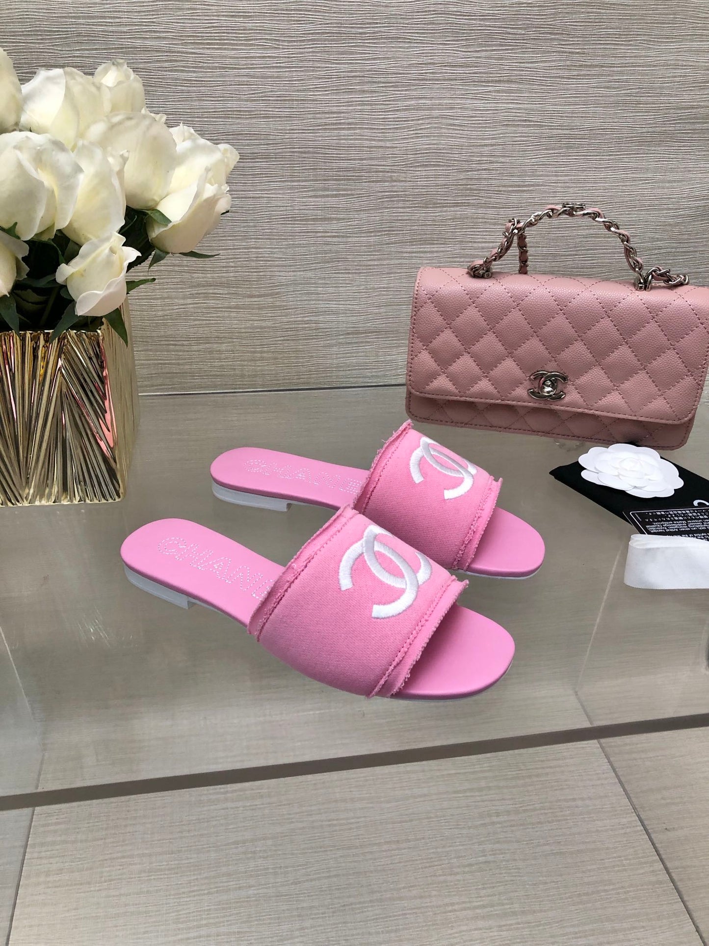 CHANEL 25C Slippers Pink Fabric Material 212967