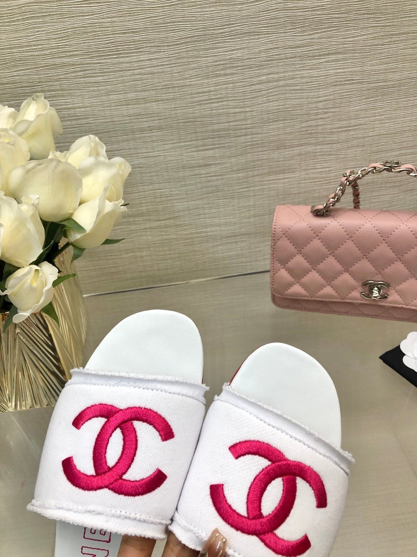CHANEL 25C Slippers White Fabric Material 212968