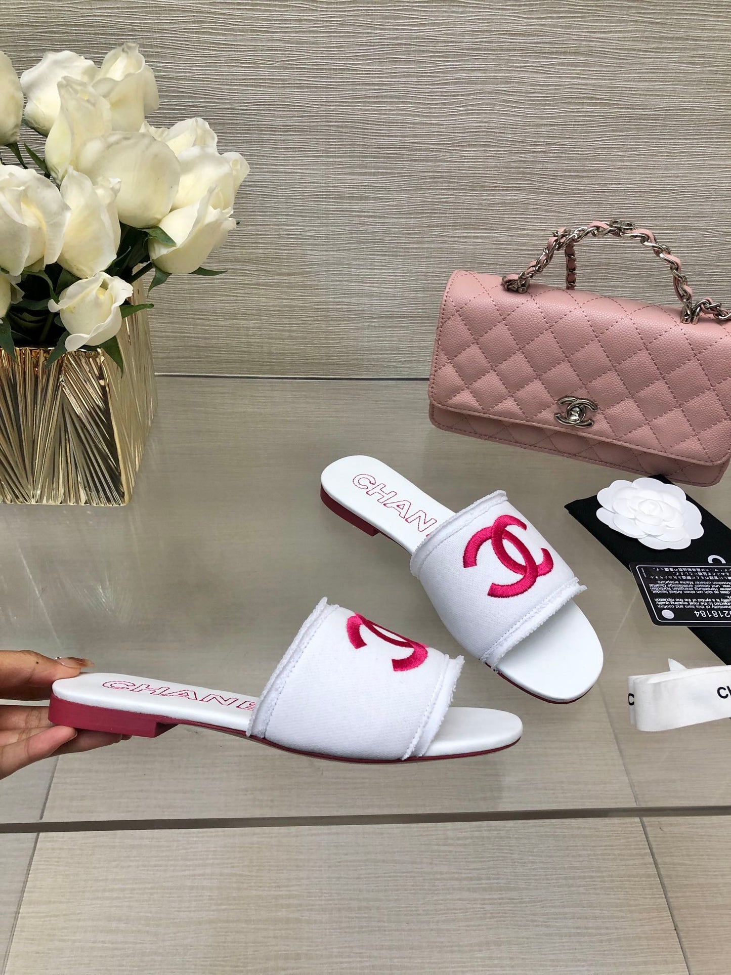 CHANEL 25C Slippers White Fabric Material 212968