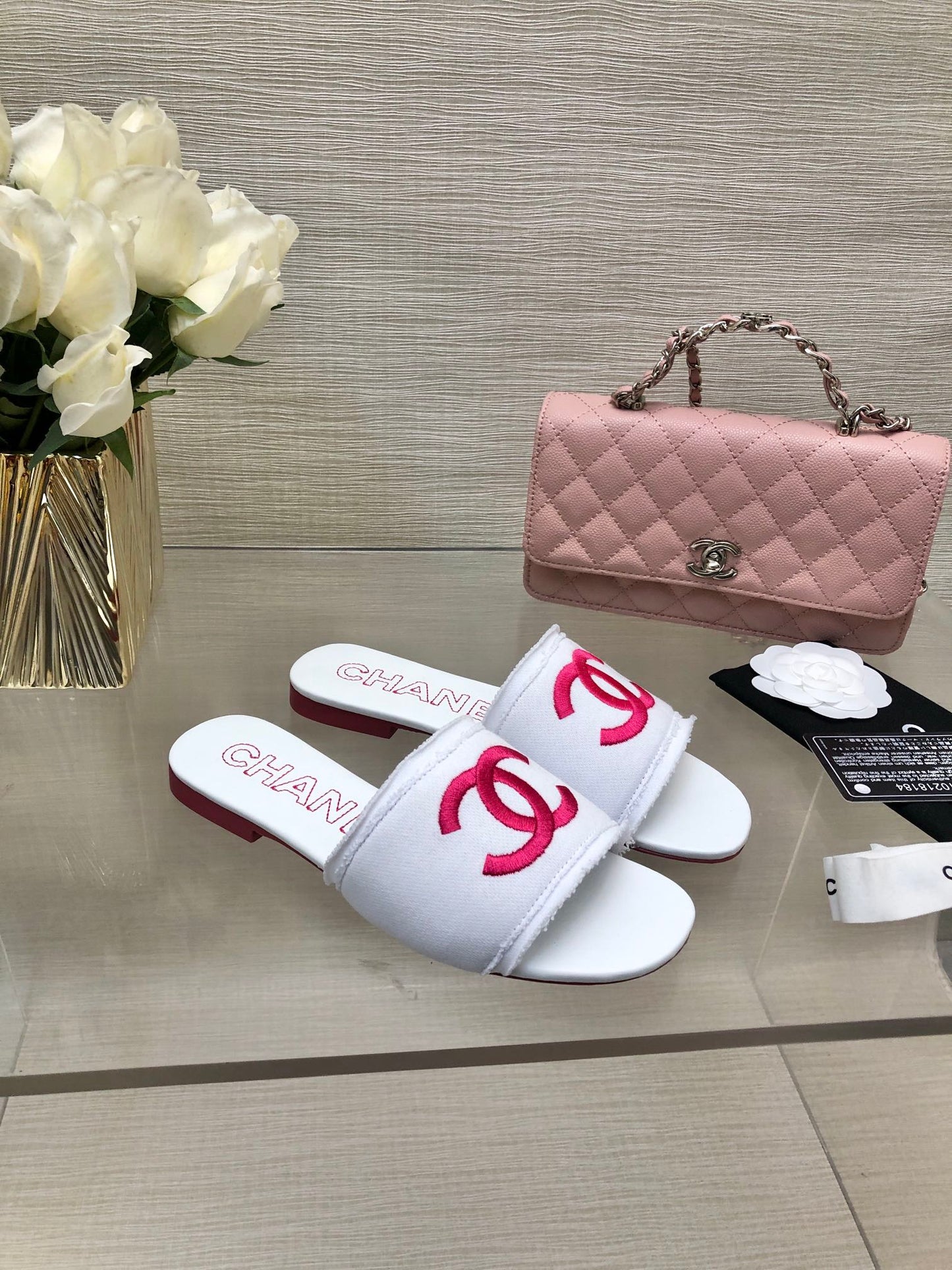 CHANEL 25C Slippers White Fabric Material 212968