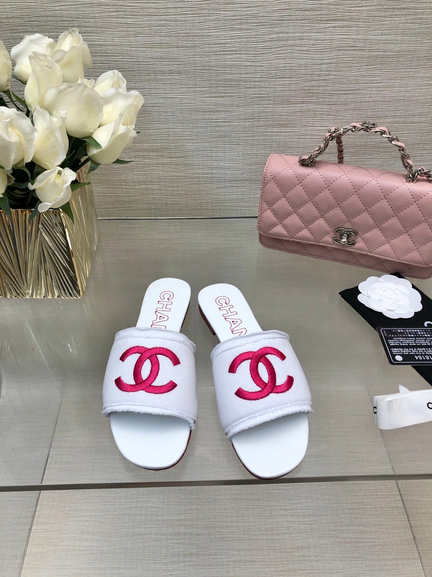 CHANEL 25C Slippers White Fabric Material 212968