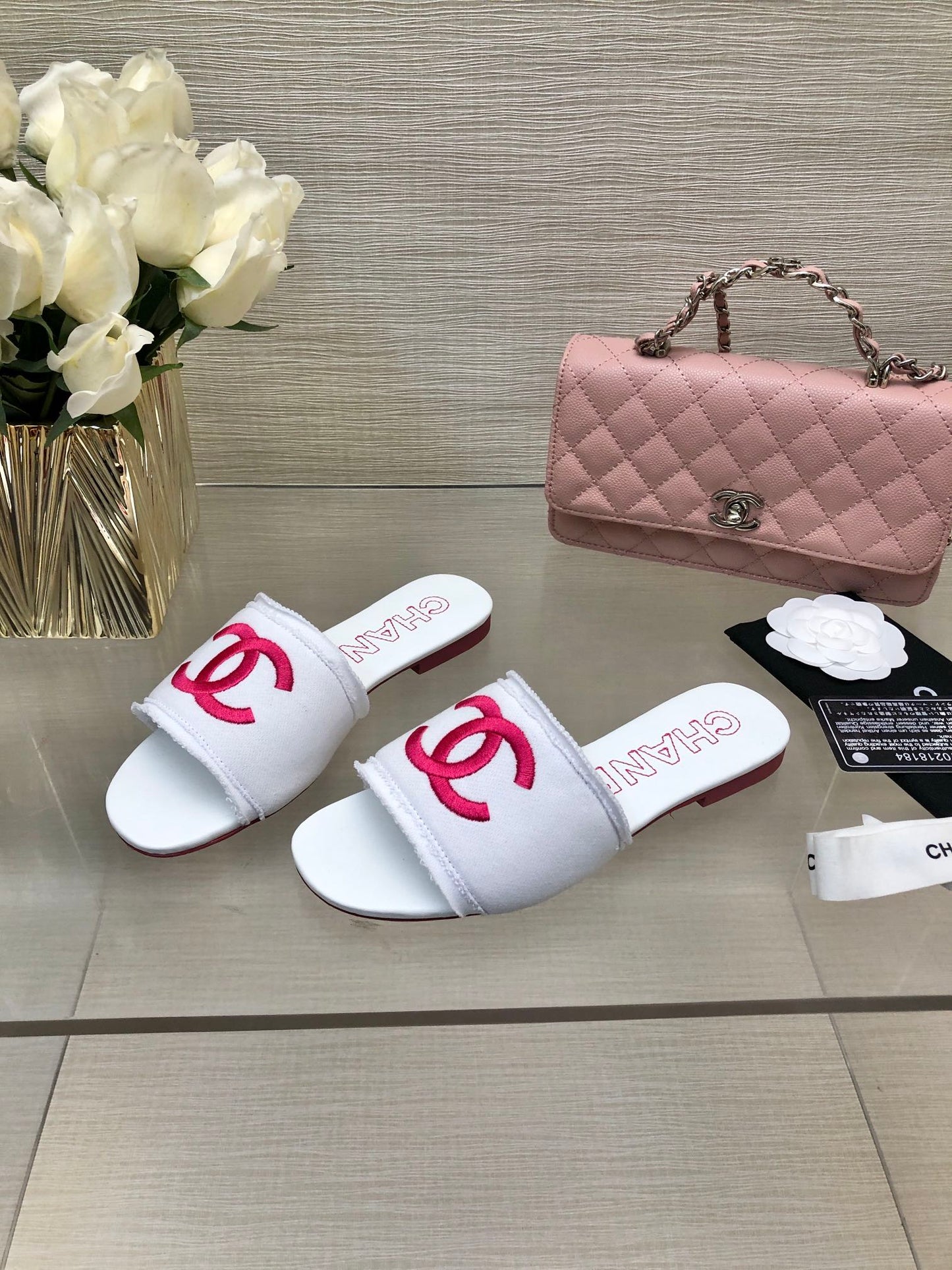 CHANEL 25C Slippers White Fabric Material 212968