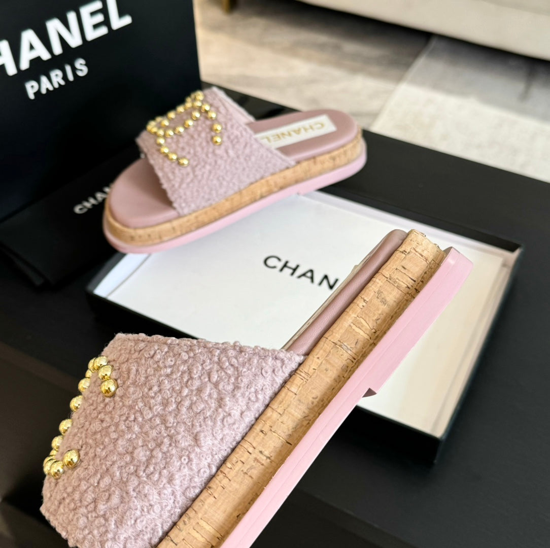 CHANEL 25C Slippers Pink Satin Fabric 212977