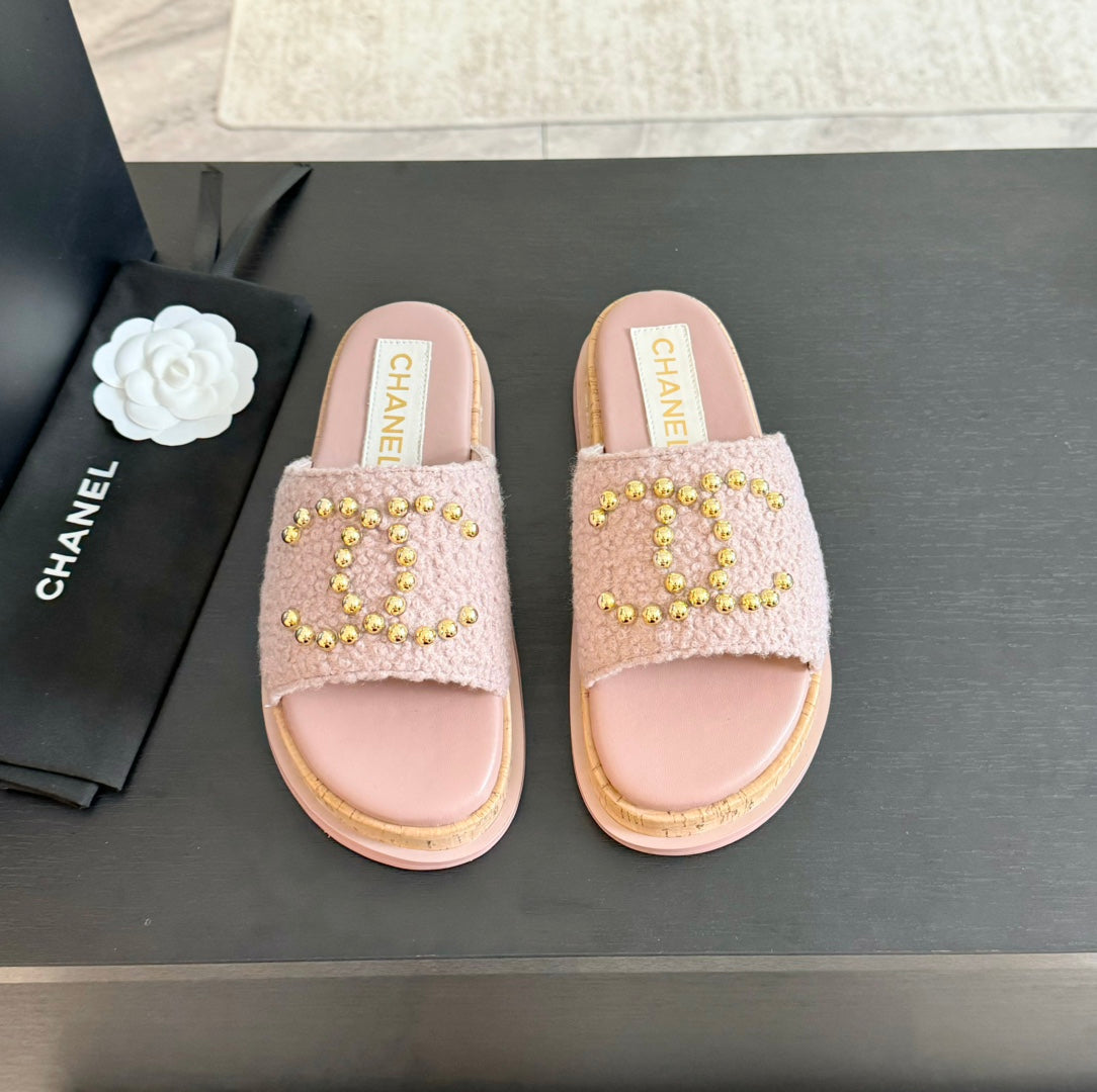 CHANEL 25C Slippers Pink Satin Fabric 212977