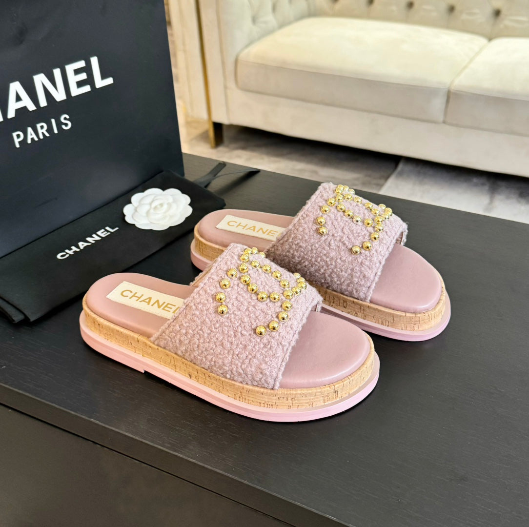 CHANEL 25C Slippers Pink Satin Fabric 212977