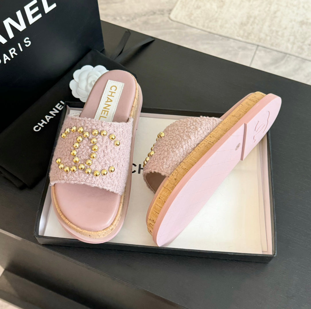 CHANEL 25C Slippers Pink Satin Fabric 212977