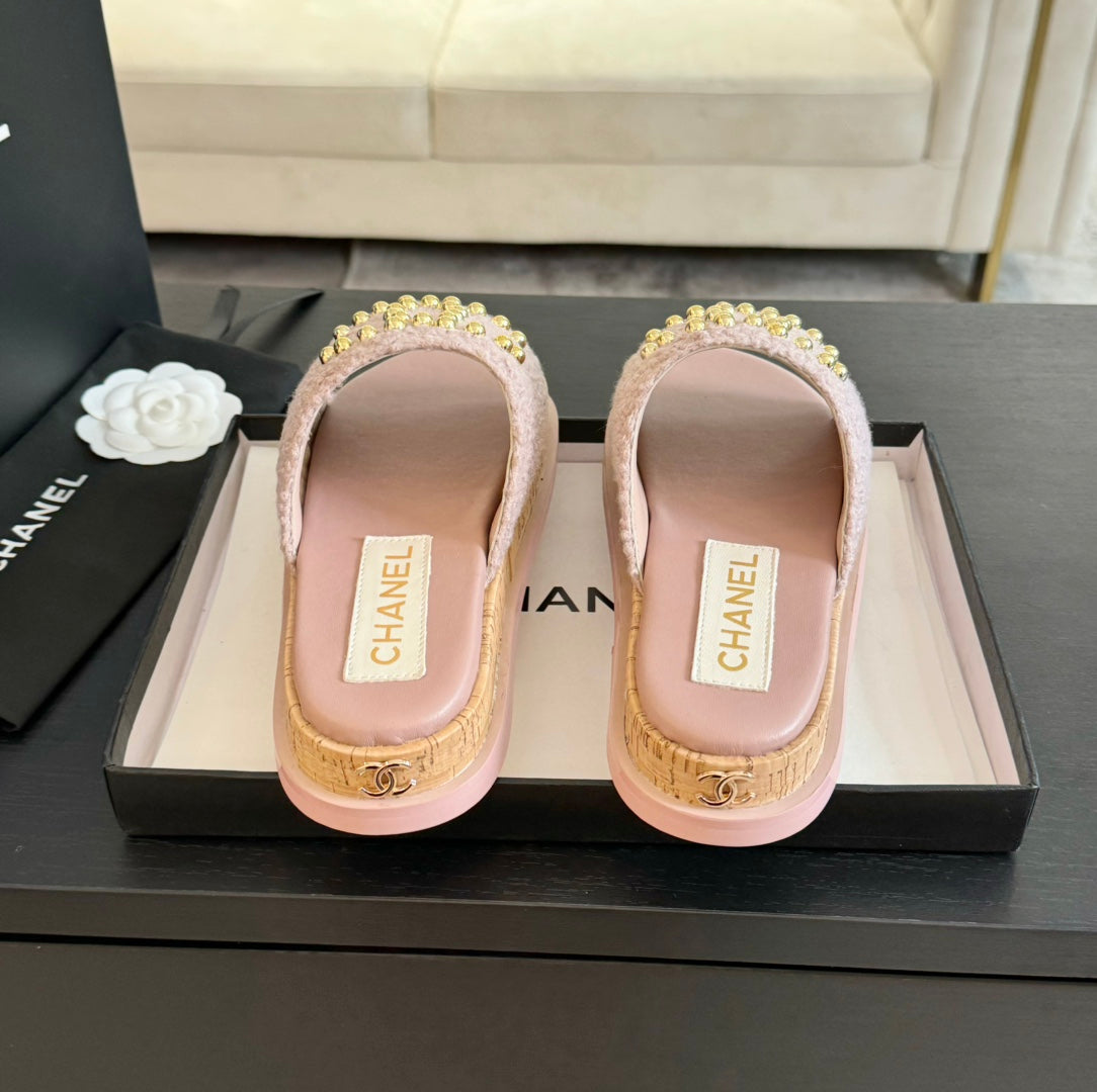 CHANEL 25C Slippers Pink Satin Fabric 212977