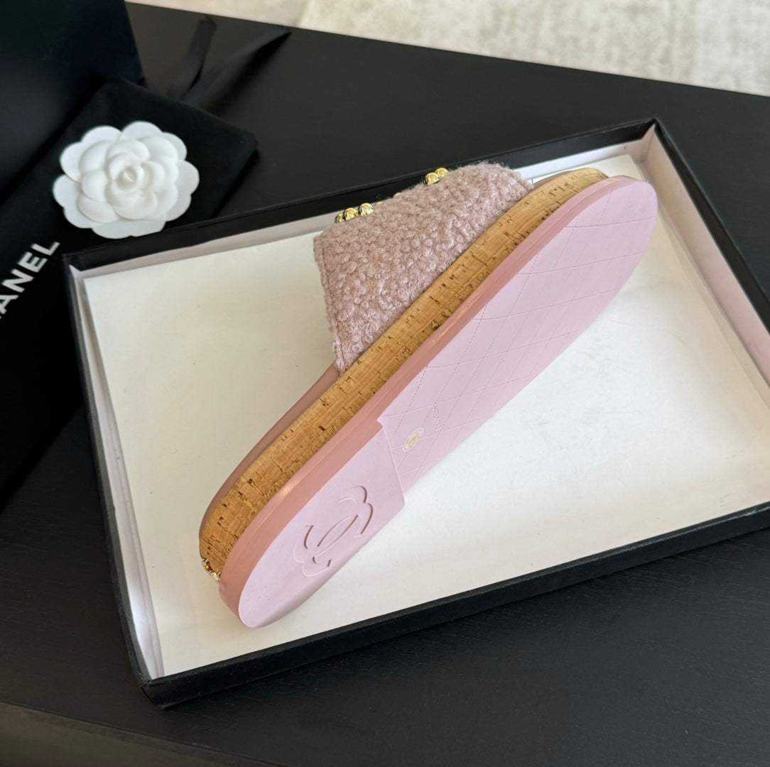 CHANEL 25C Slippers Pink Satin Fabric 212977