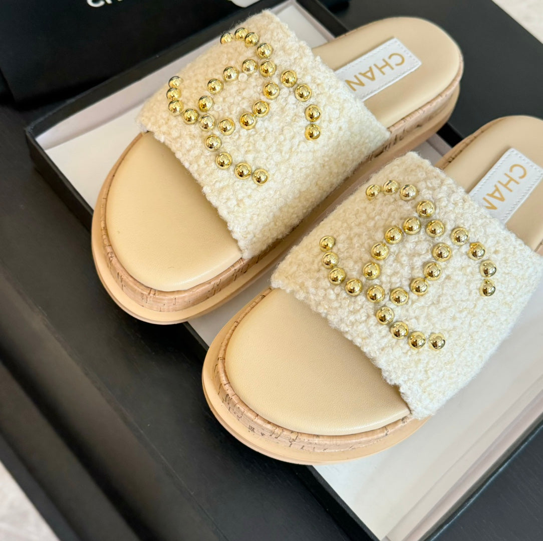 CHANEL 25C Slippers Cream Satin Fabric 212978
