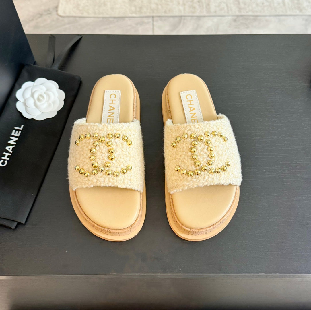 CHANEL 25C Slippers Cream Satin Fabric 212978