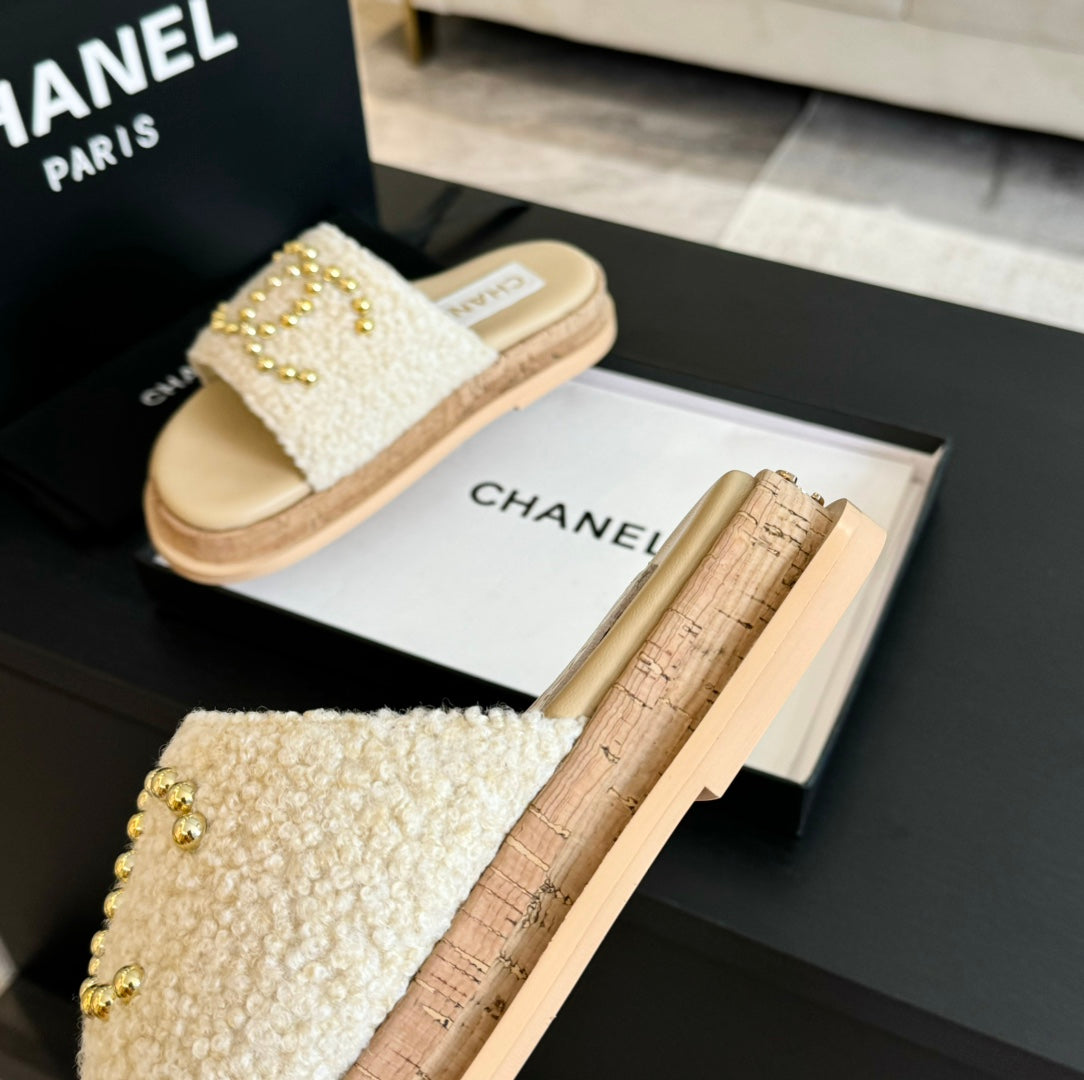 CHANEL 25C Slippers Cream Satin Fabric 212978