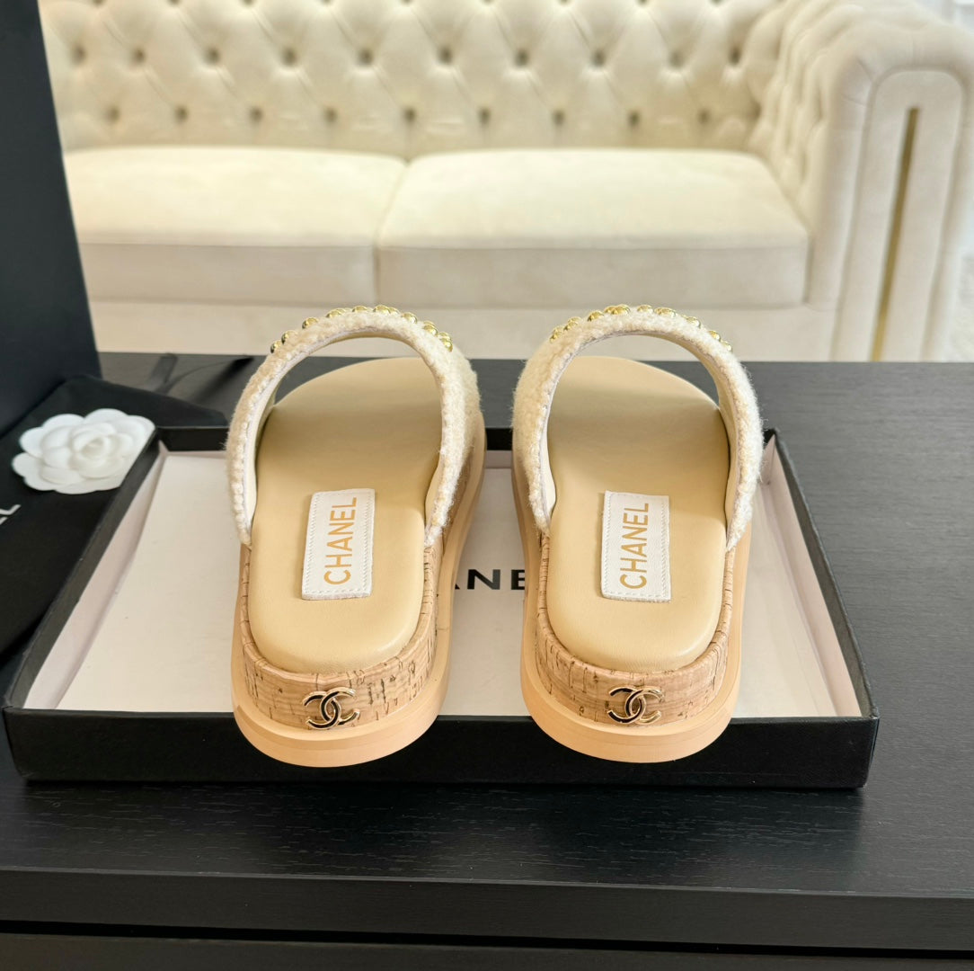 CHANEL 25C Slippers Cream Satin Fabric 212978
