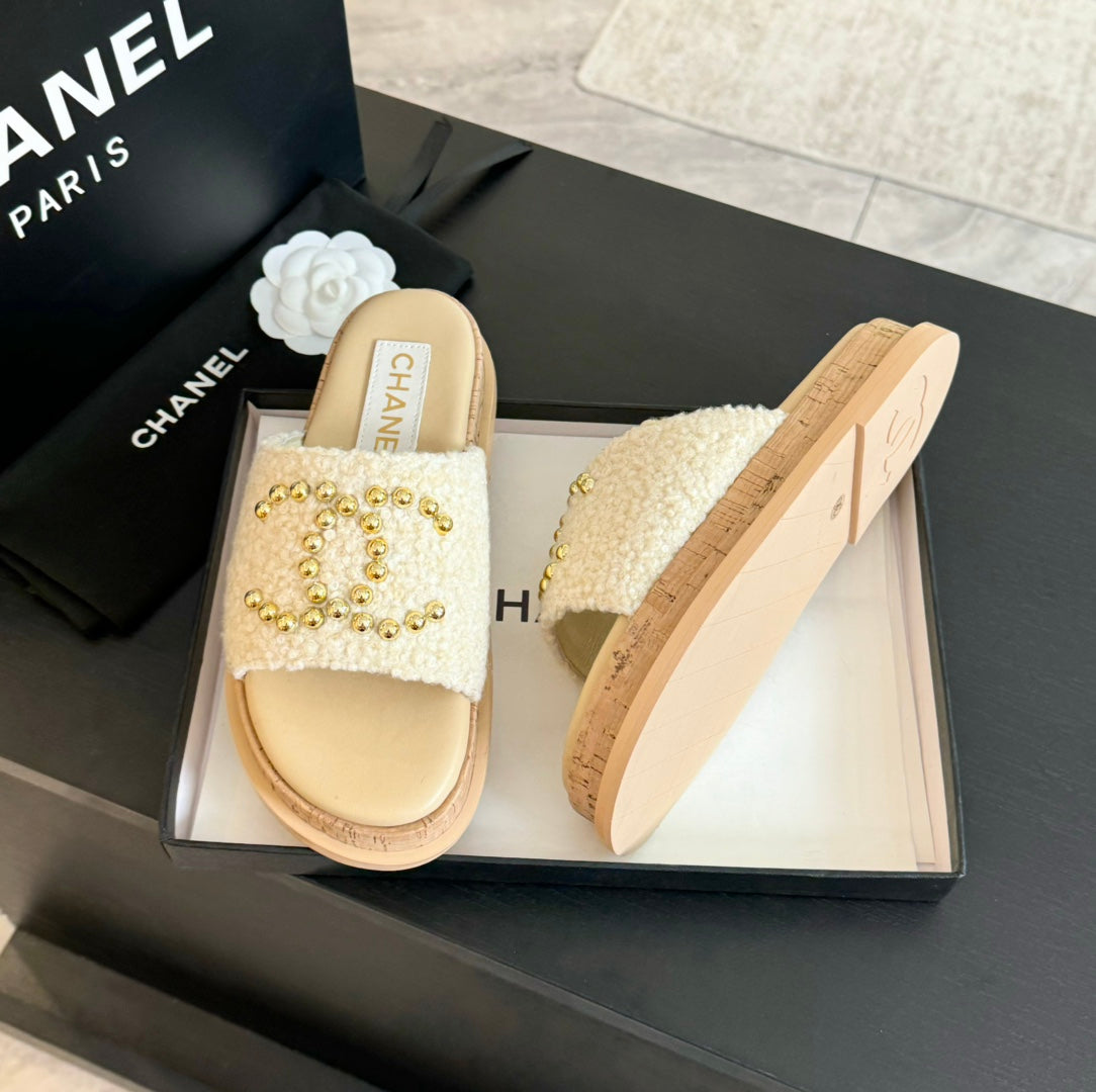 CHANEL 25C Slippers Cream Satin Fabric 212978