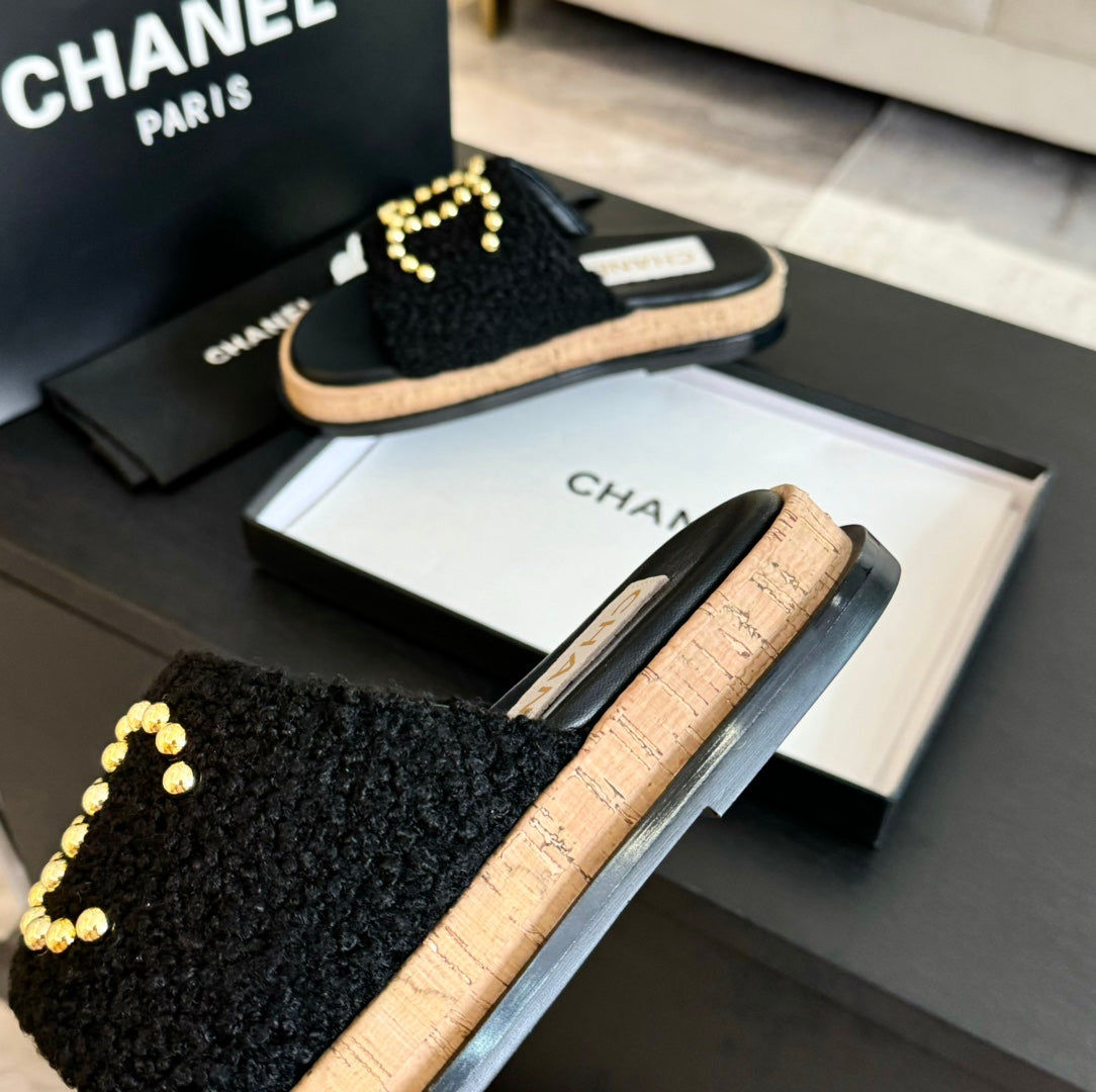 CHANEL 25C Slippers Black Satin Fabric 212979