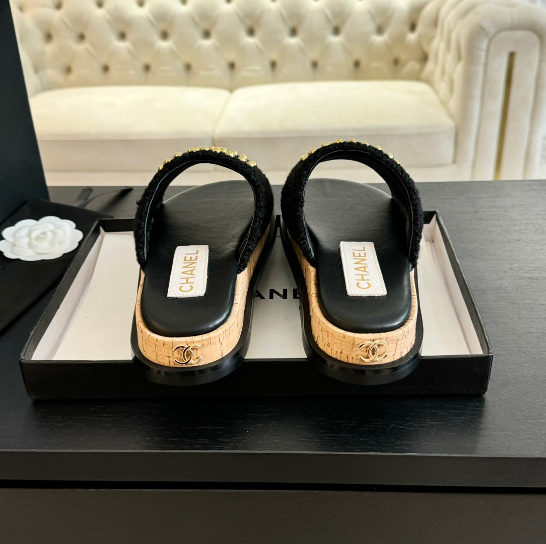 CHANEL 25C Slippers Black Satin Fabric 212979
