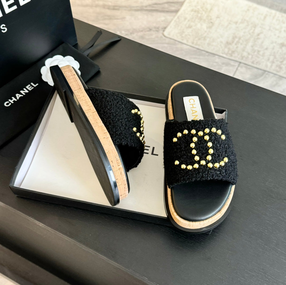 CHANEL 25C Slippers Black Satin Fabric 212979