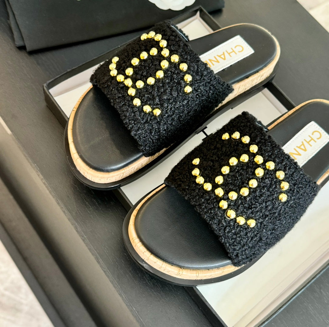 CHANEL 25C Slippers Black Satin Fabric 212979