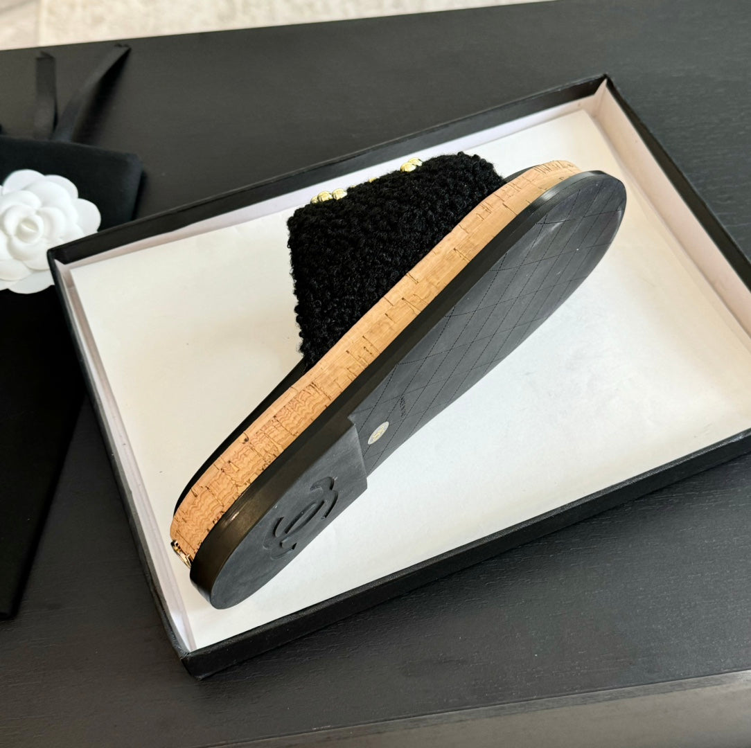 CHANEL 25C Slippers Black Satin Fabric 212979
