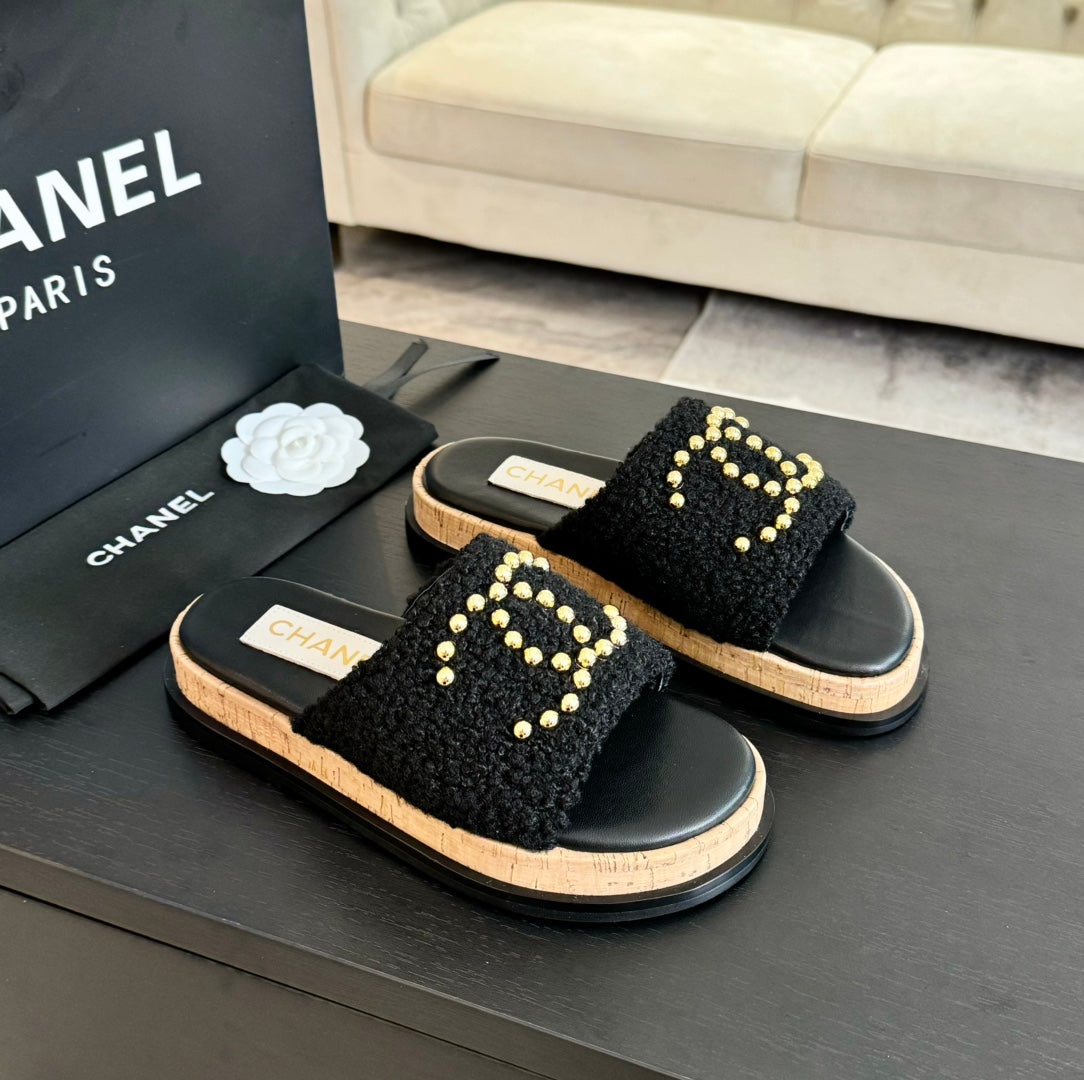CHANEL 25C Slippers Black Satin Fabric 212979