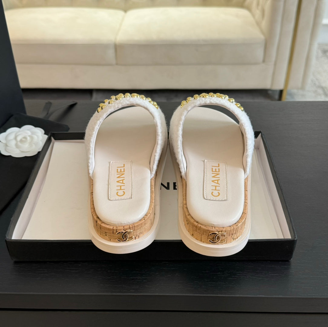 CHANEL 25C Slippers White Satin Fabric 212980
