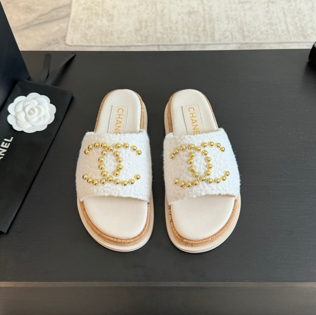 CHANEL 25C Slippers White Satin Fabric 212980