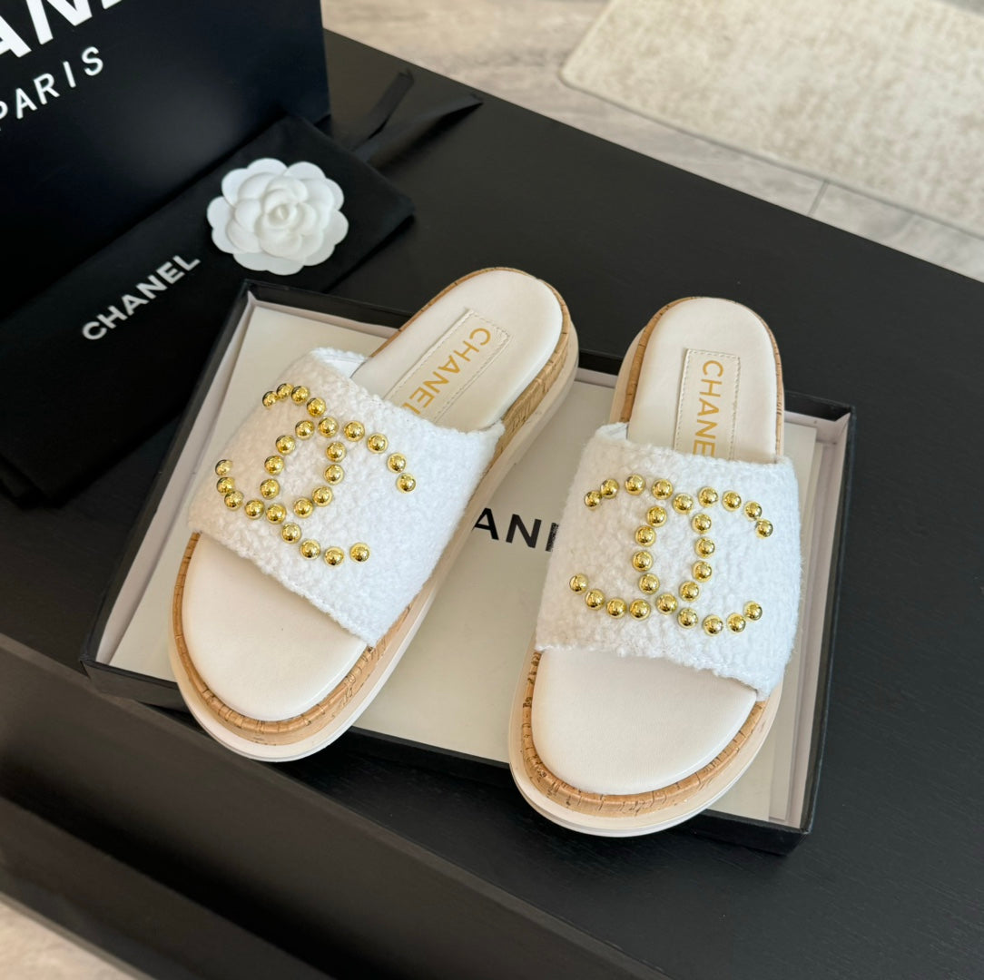 CHANEL 25C Slippers White Satin Fabric 212980