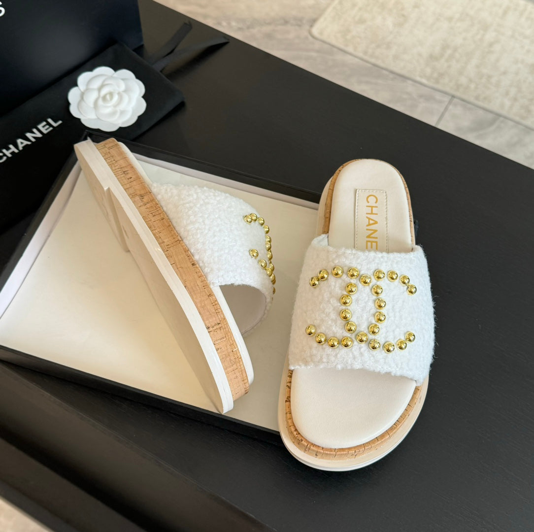 CHANEL 25C Slippers White Satin Fabric 212980