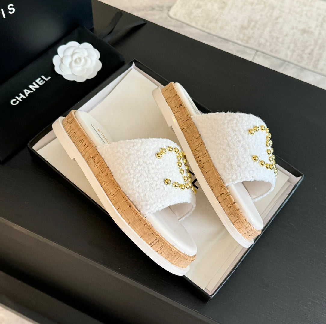 CHANEL 25C Slippers White Satin Fabric 212980