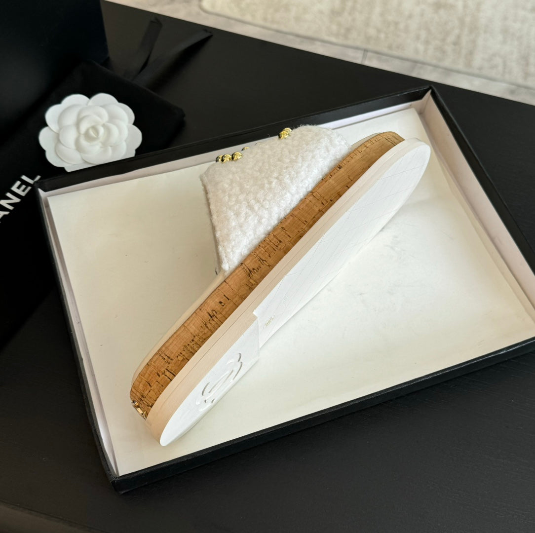 CHANEL 25C Slippers White Satin Fabric 212980
