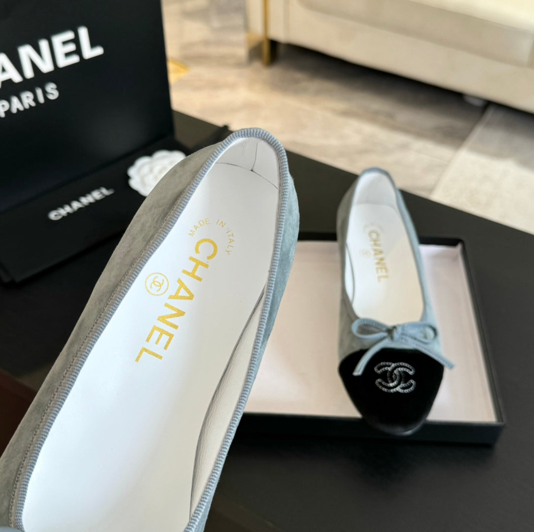 CHANEL ballet flat cloud blue suede black canvas