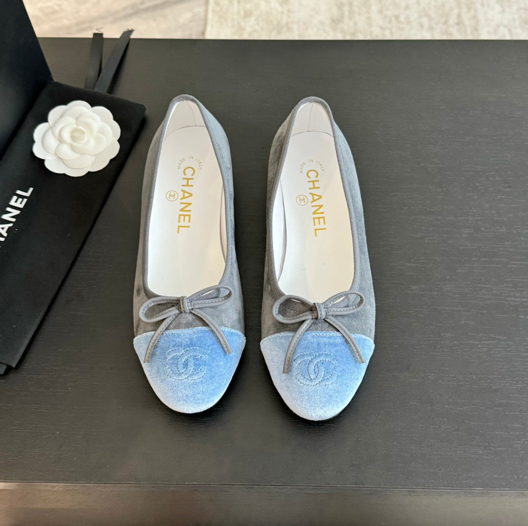 CHANEL ballet flat grey suede cloud blue canvas