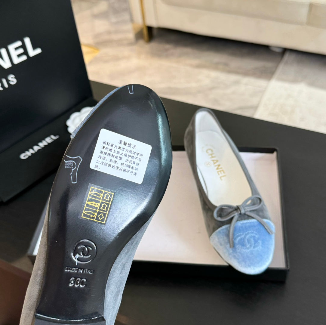 CHANEL ballet flat grey suede cloud blue canvas