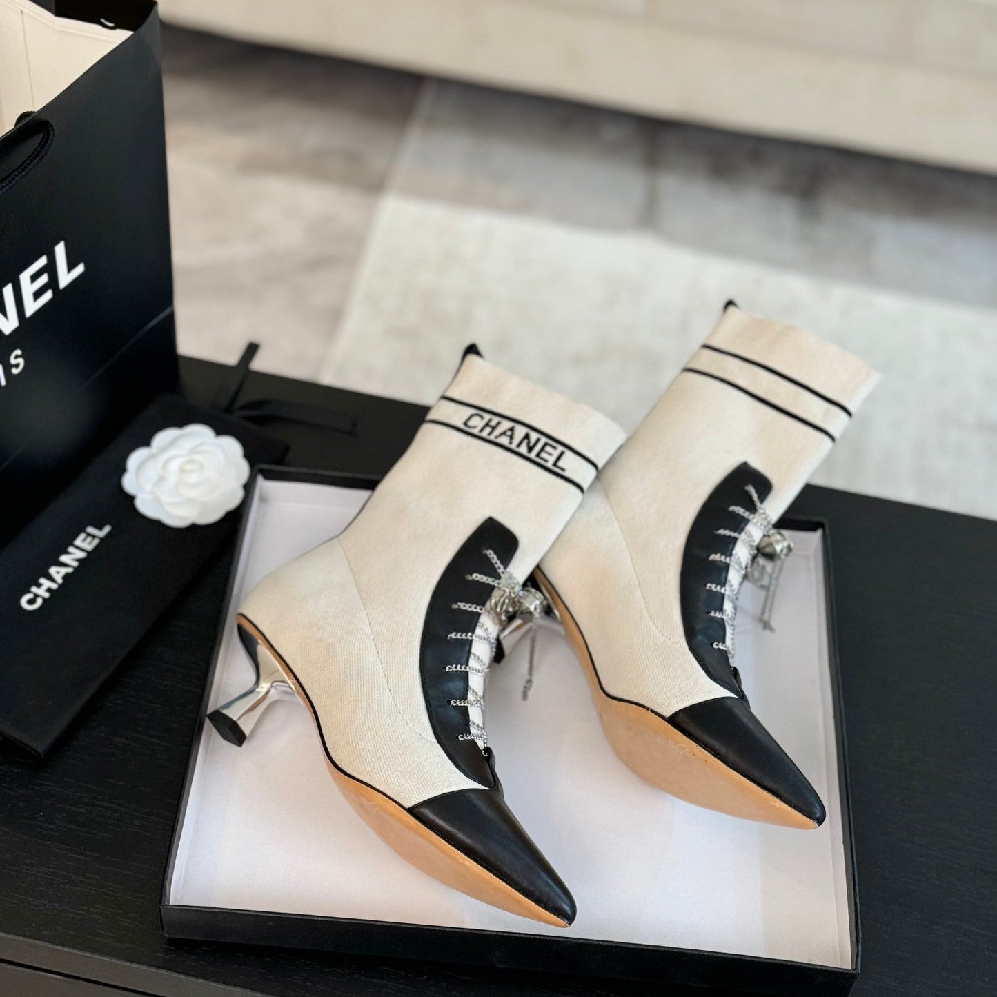 CHANEL Ankle Boots White Black Chain Wool And Lambskin