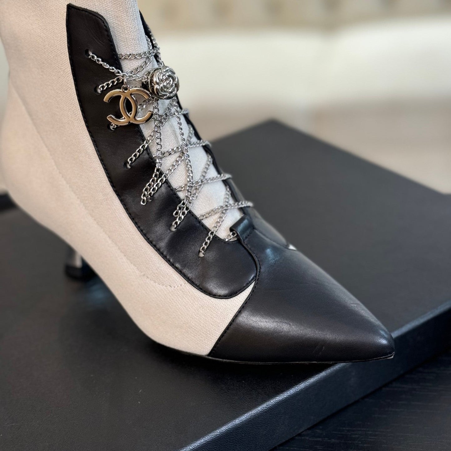 CHANEL Ankle Boots White Black Chain Wool And Lambskin