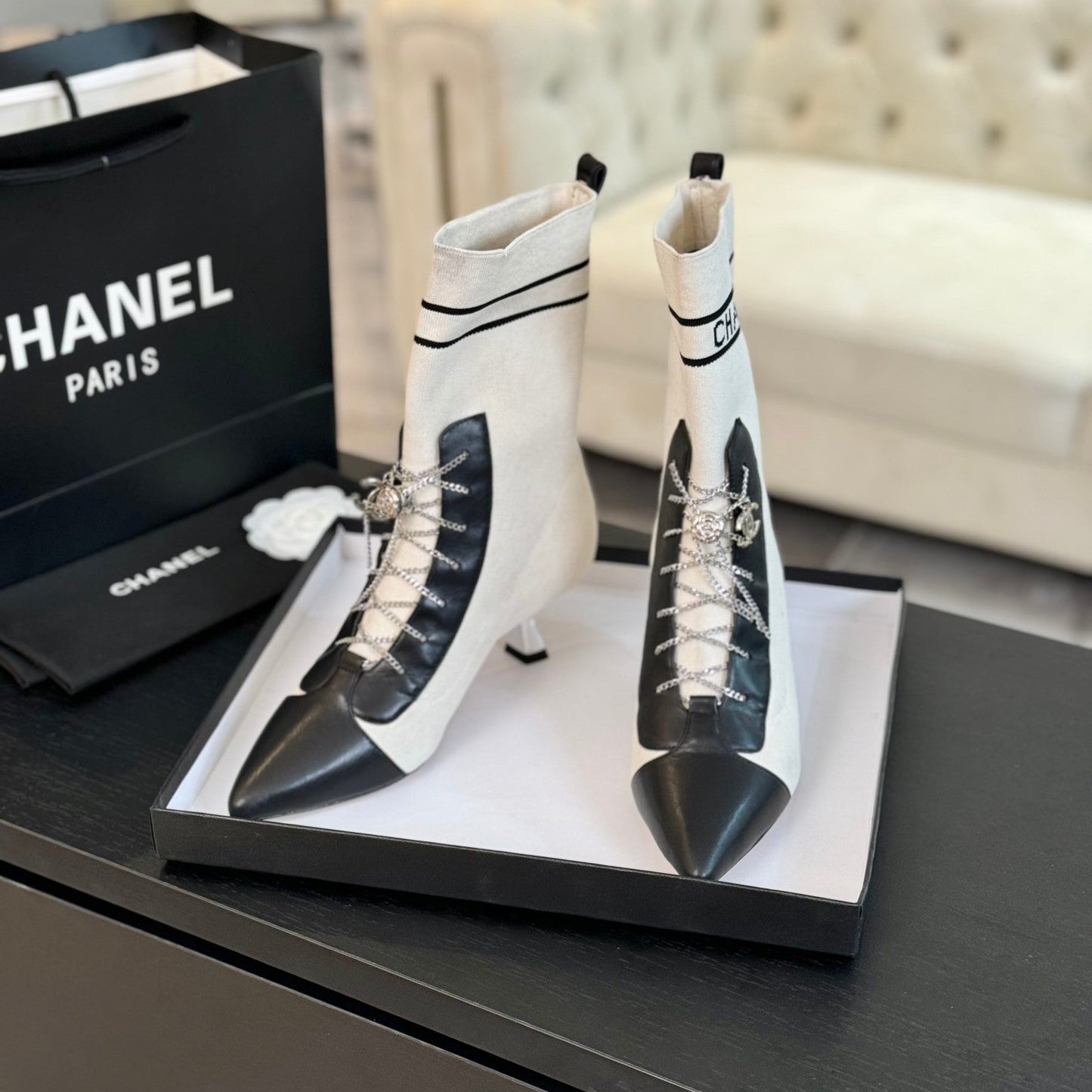 CHANEL Ankle Boots White Black Chain Wool And Lambskin