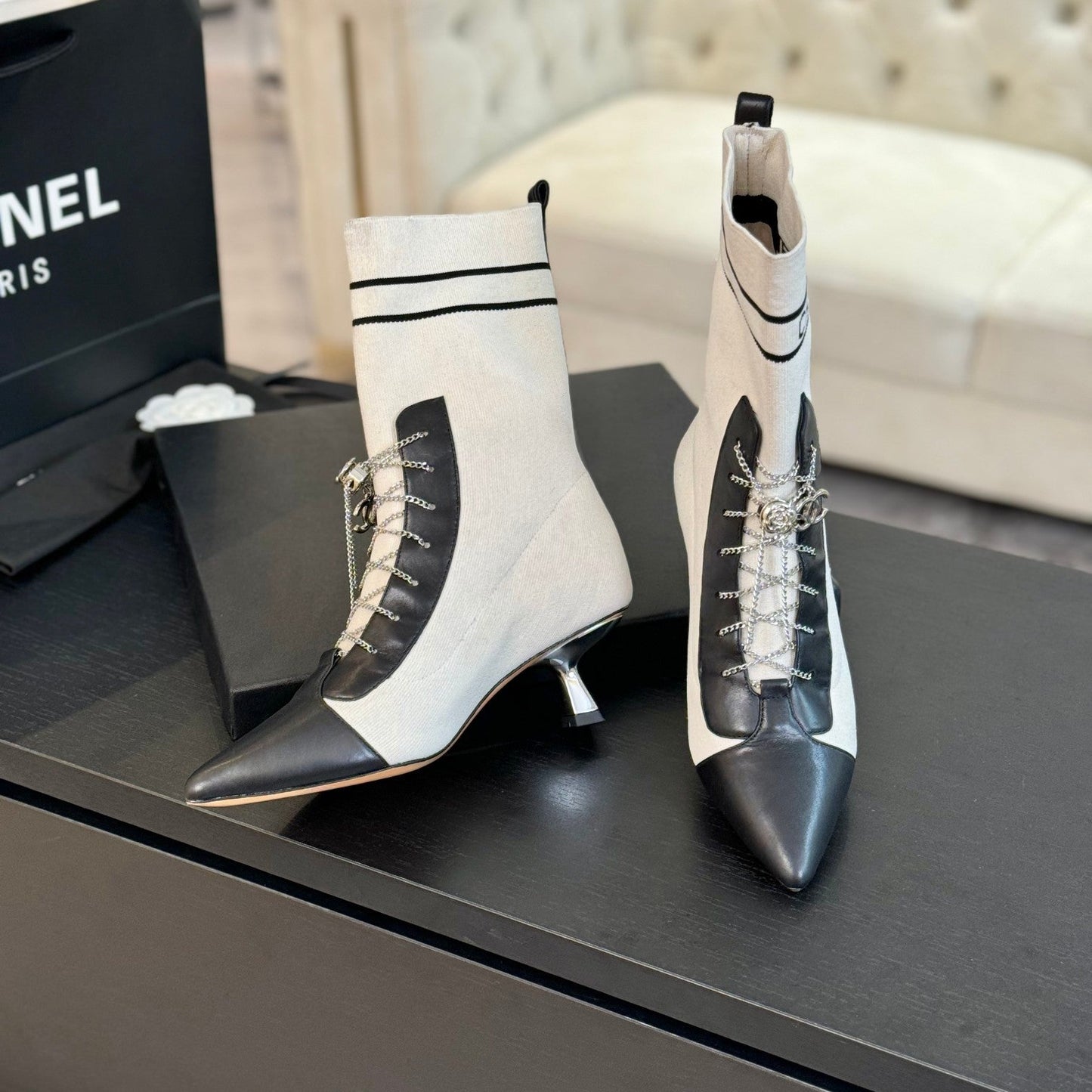 CHANEL Ankle Boots White Black Chain Wool And Lambskin