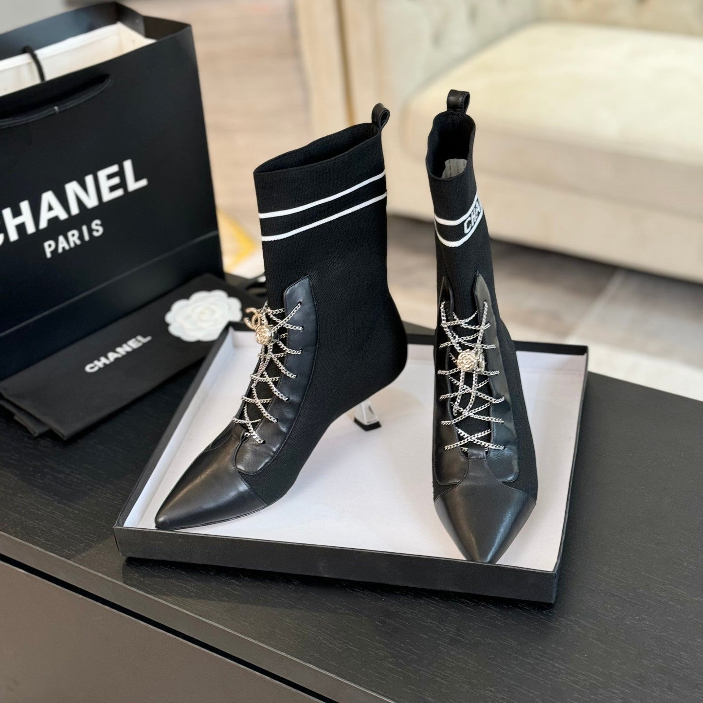 CHANEL Ankle Boots Black Chain Wool And Lambskin