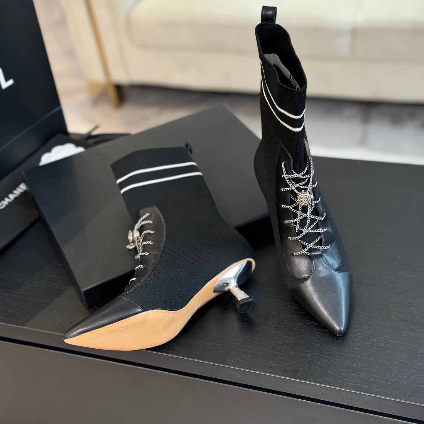 CHANEL Ankle Boots Black Chain Wool And Lambskin