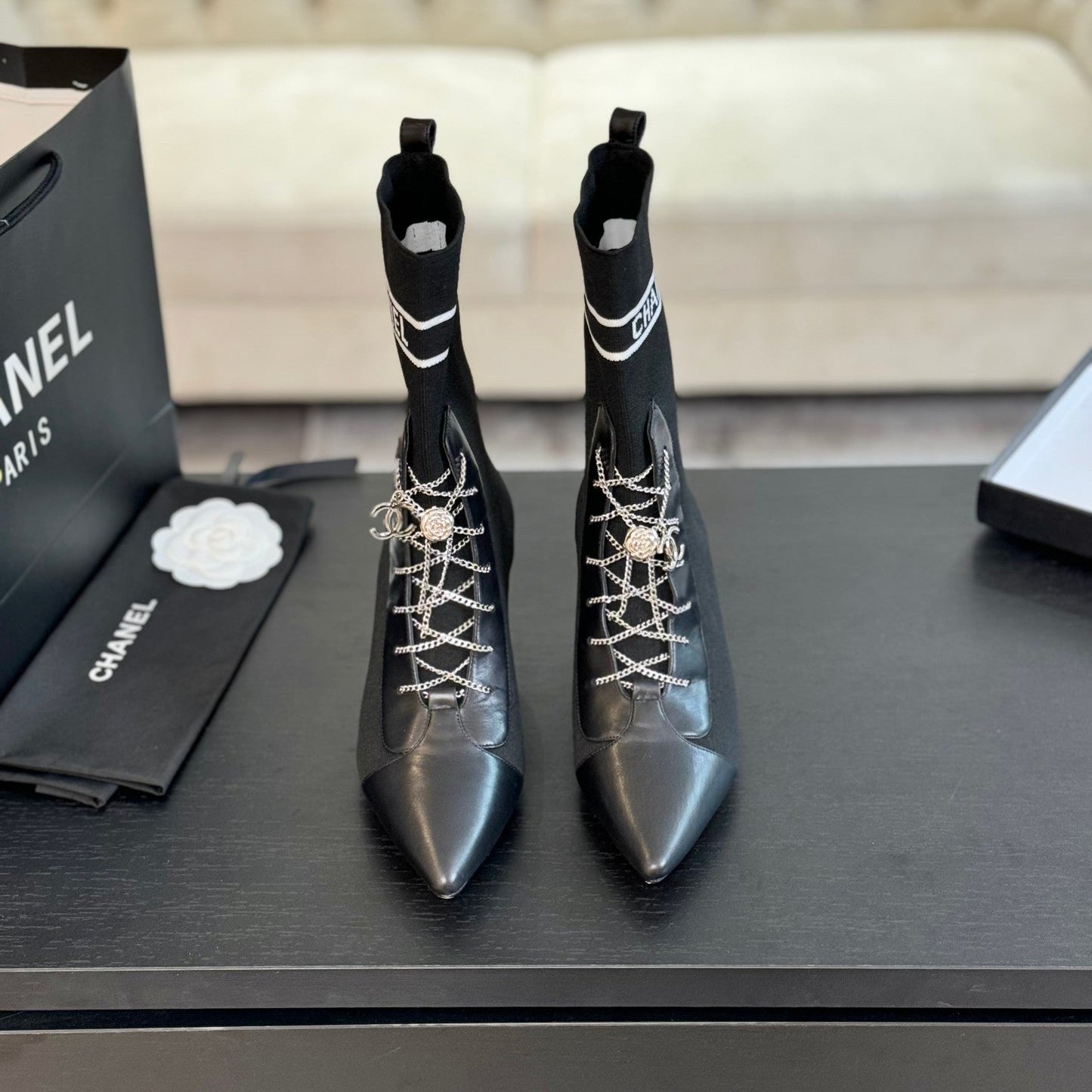 CHANEL Ankle Boots Black Chain Wool And Lambskin