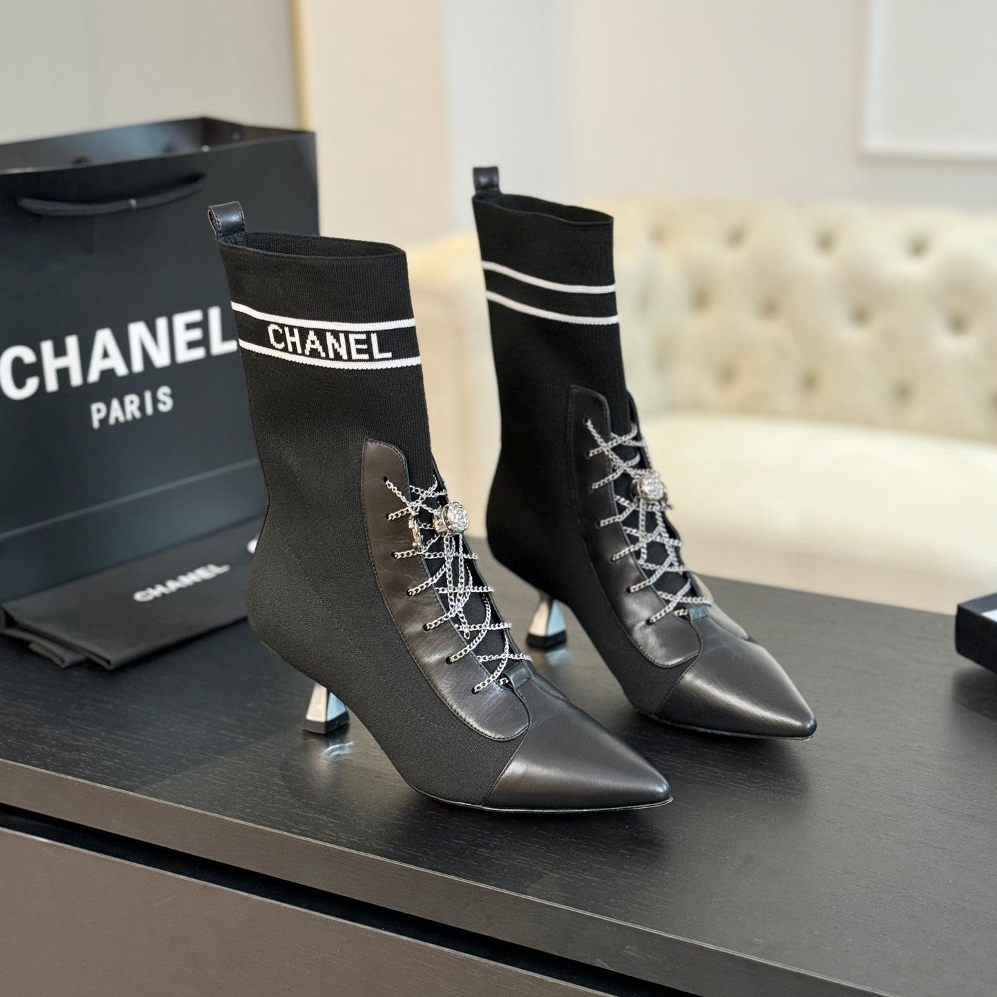 CHANEL Ankle Boots Black Chain Wool And Lambskin