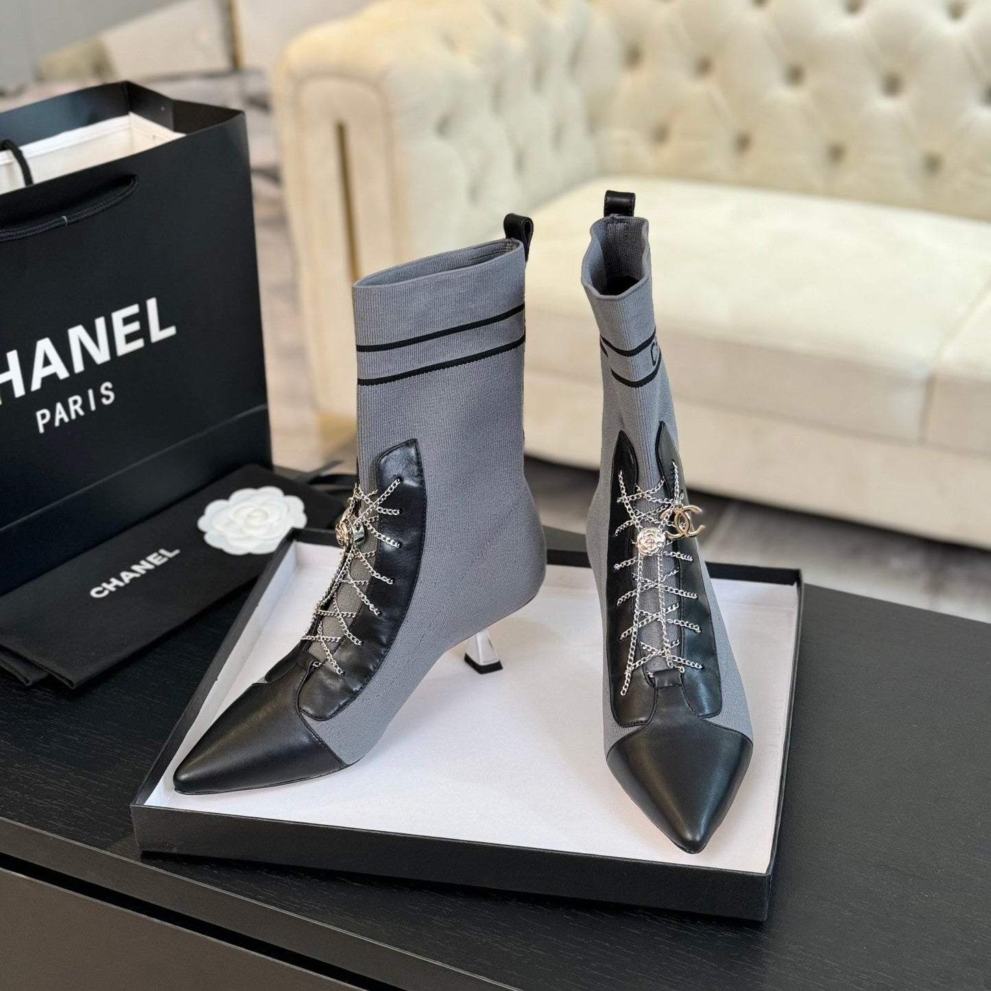 CHANEL Ankle Boots Grey Black Chain Wool And Lambskin