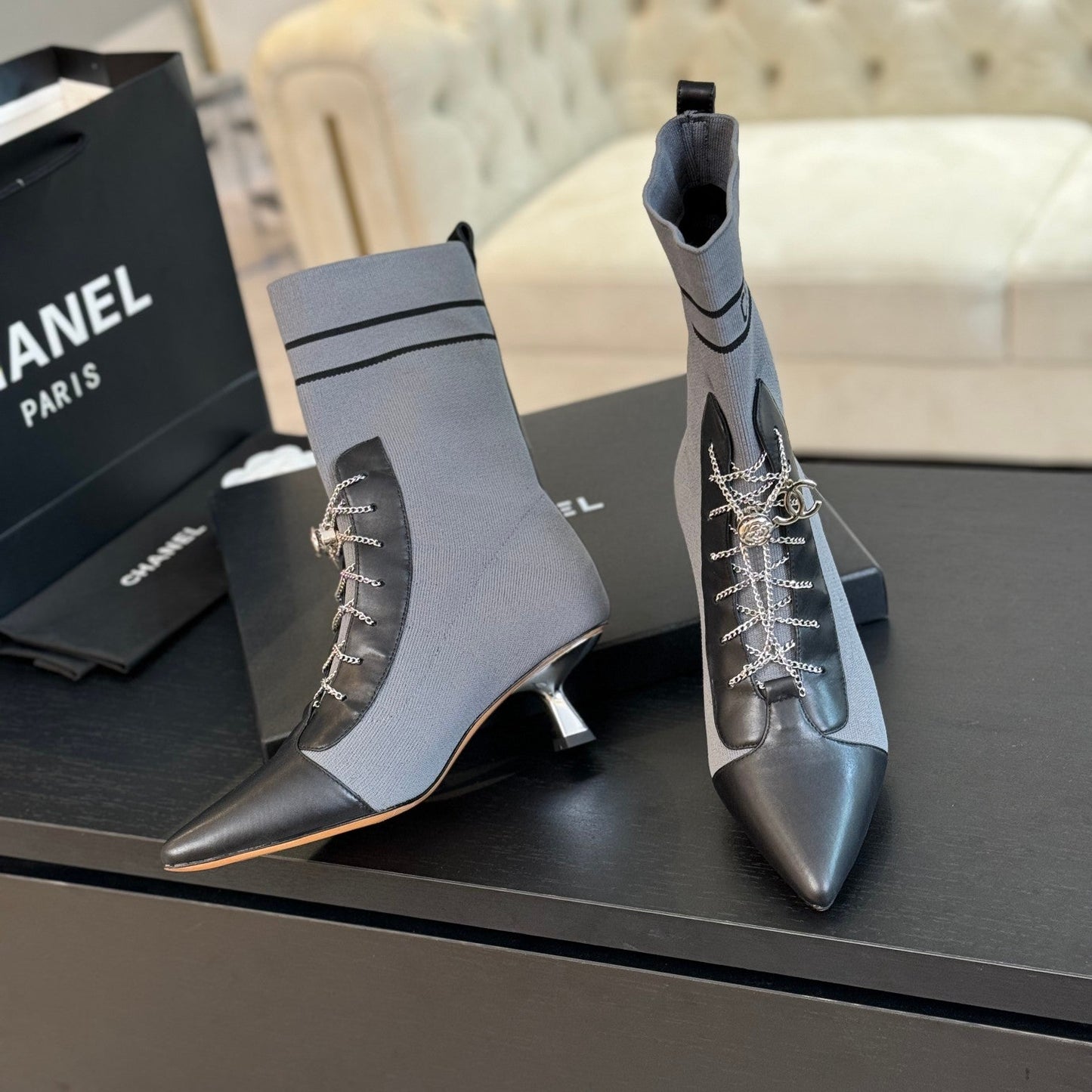 CHANEL Ankle Boots Grey Black Chain Wool And Lambskin