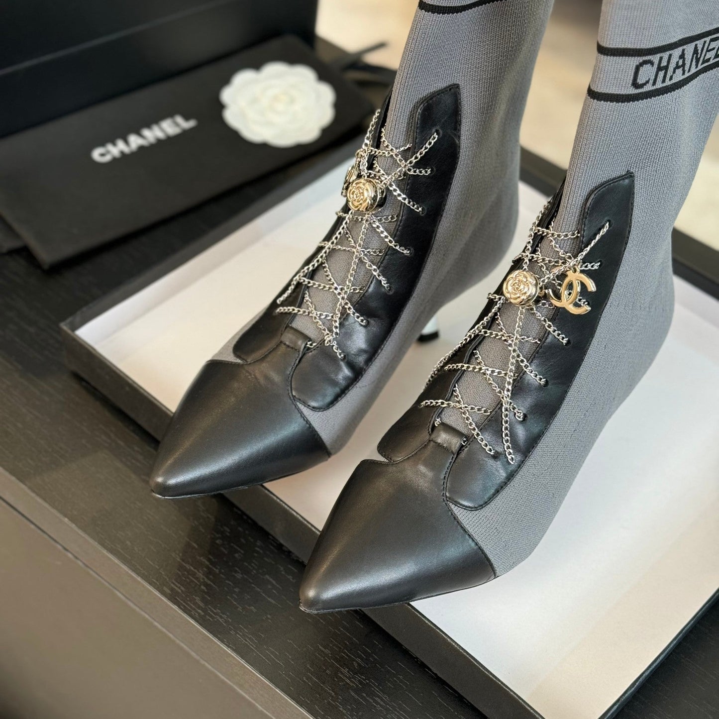 CHANEL Ankle Boots Grey Black Chain Wool And Lambskin