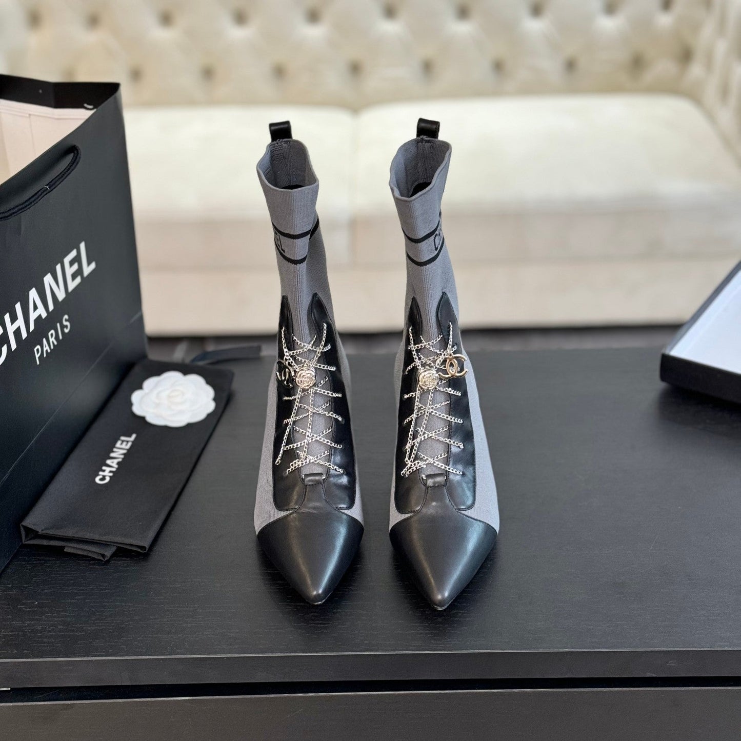 CHANEL Ankle Boots Grey Black Chain Wool And Lambskin