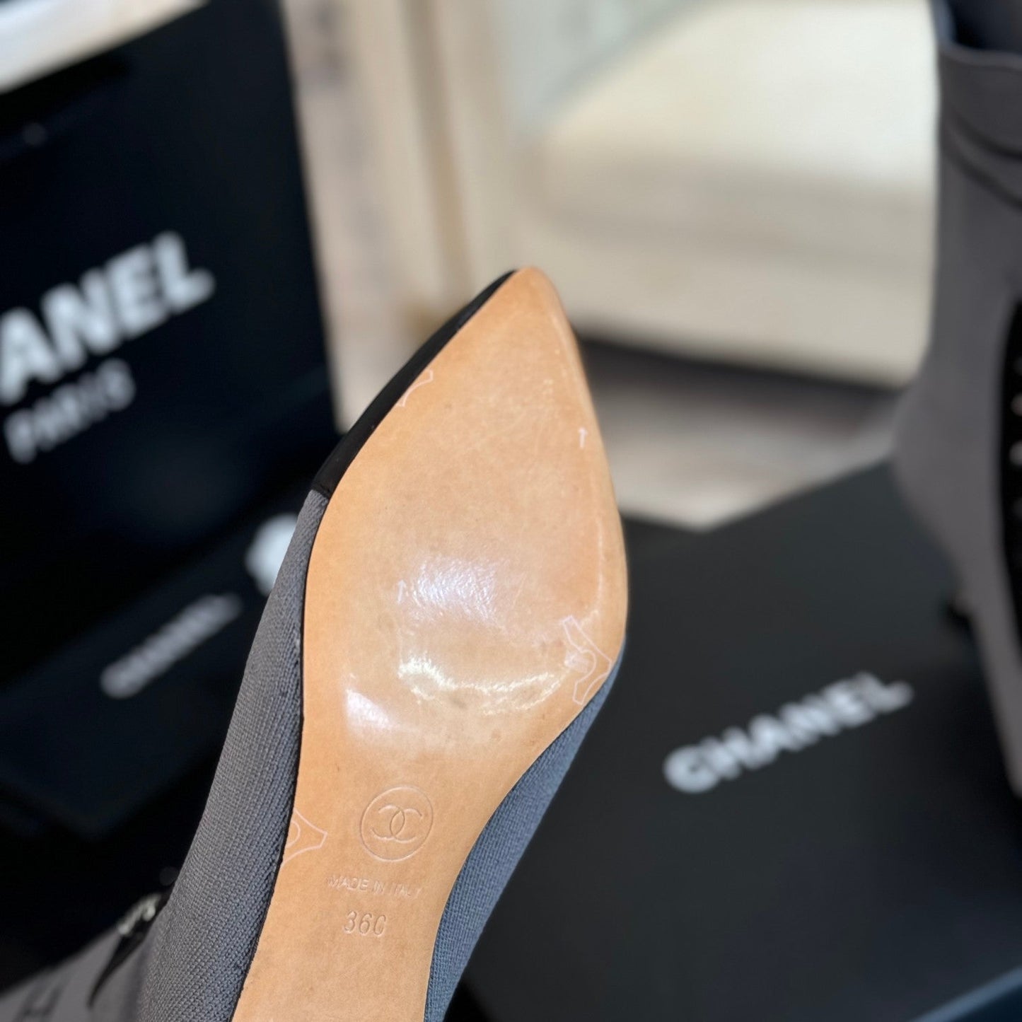 CHANEL Ankle Boots Grey Black Chain Wool And Lambskin