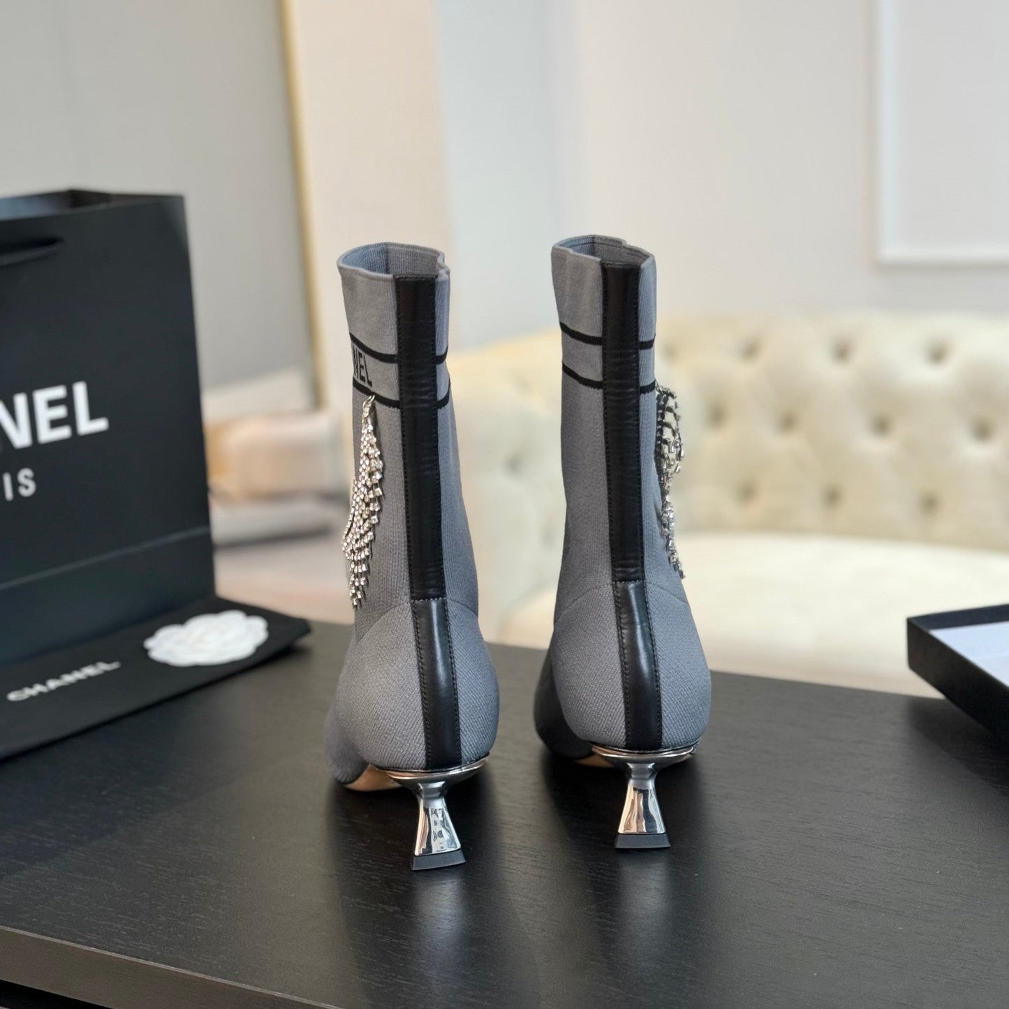 CHANEL Ankle Boots Grey Wool And Lambskin