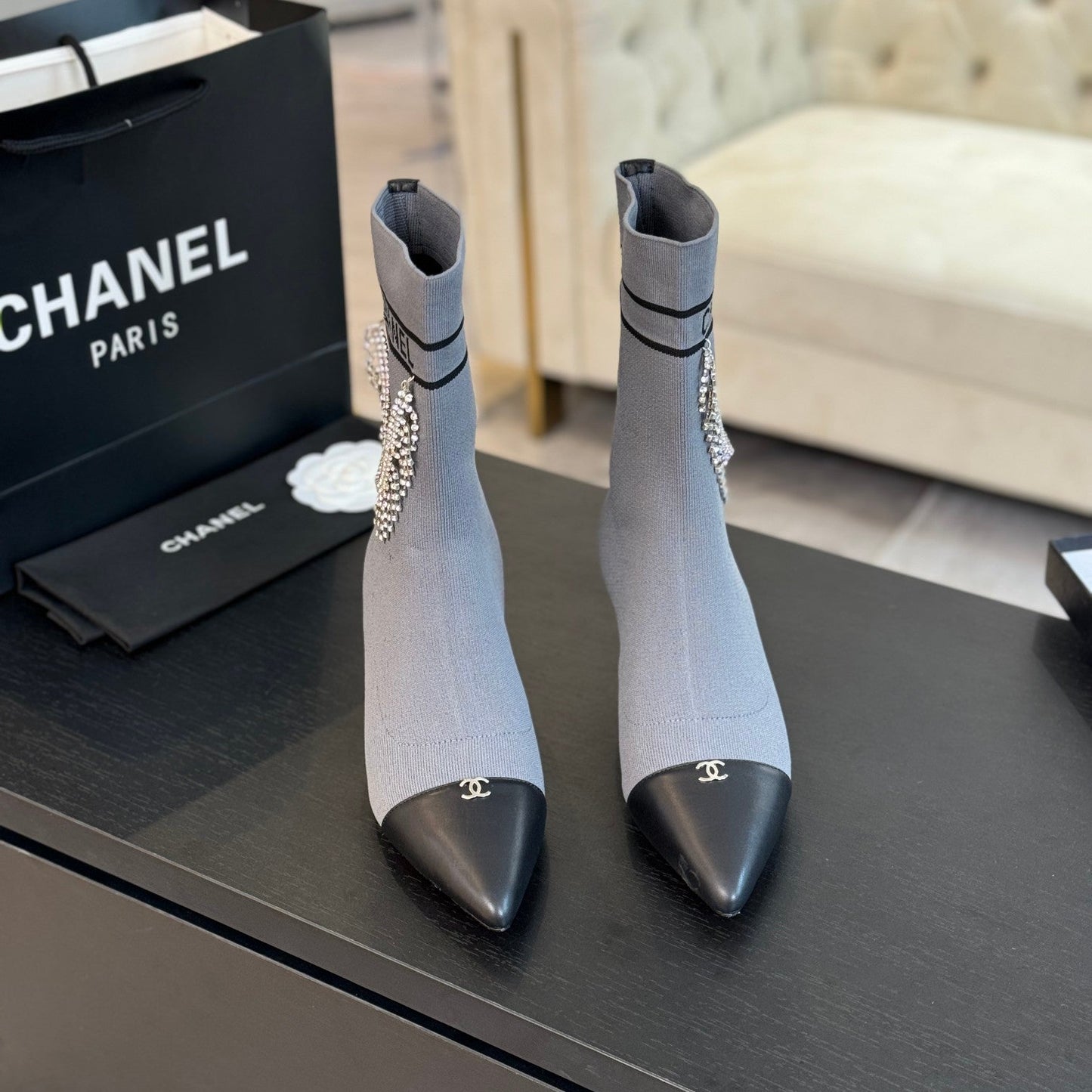 CHANEL Ankle Boots Grey Wool And Lambskin